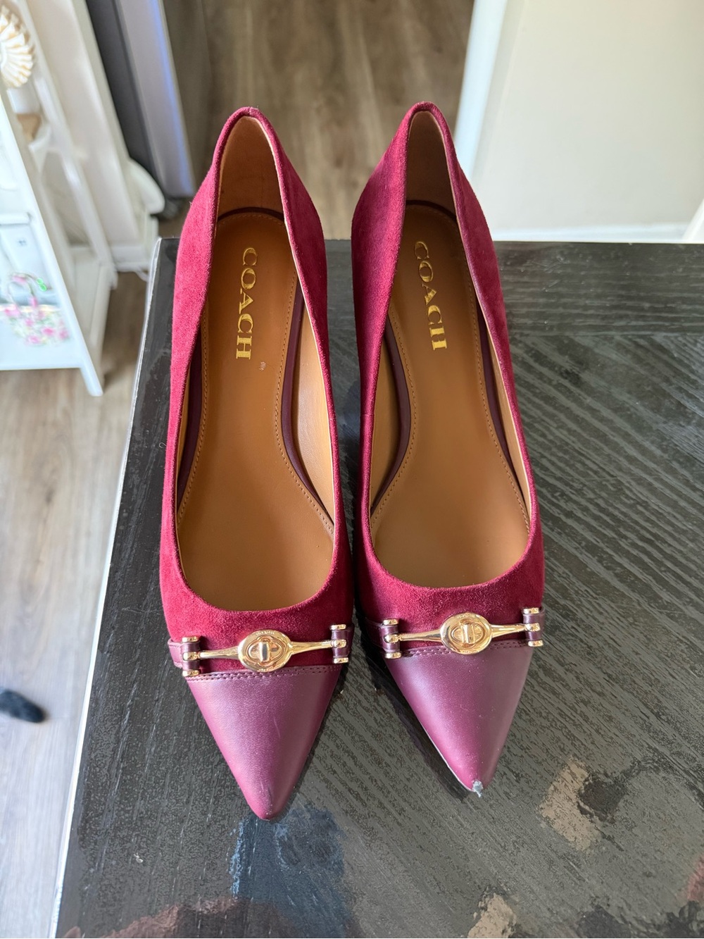 Coach Burgundy Pointed Toe Pumps with Gold Accent